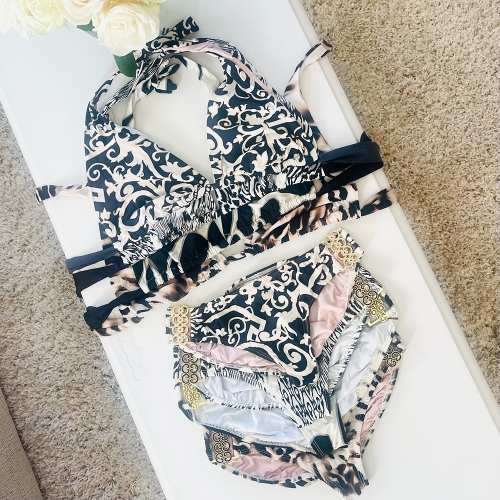8 PIECE LOT TARA GRINNA Hipster Triangle Top Bikini Set Black Gold Animal Print - Picture 16 of 16